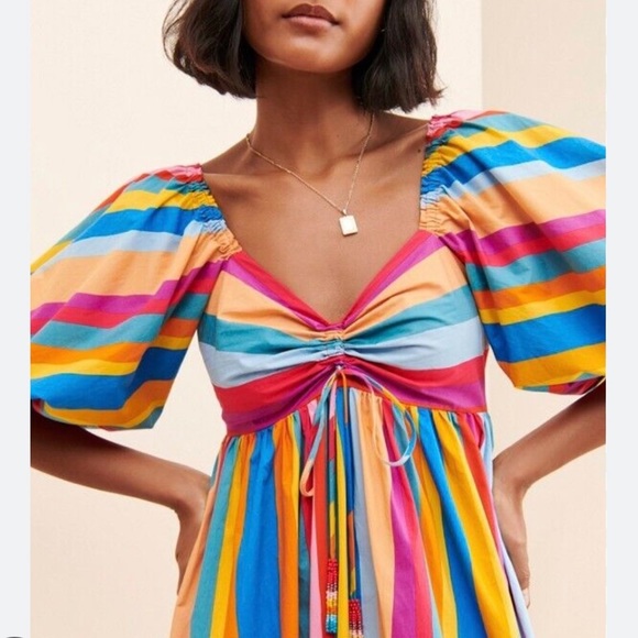 Farm Rio x Anthropologie Rainbow Stripe XS 0 / 2 Blue Silky Flounced Hem Midi - Picture 2 of 6